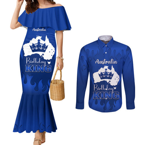 personalised-australia-king-birthday-couples-matching-mermaid-dress-and-long-sleeve-button-shirts-australian-map-with-crown-blue-version