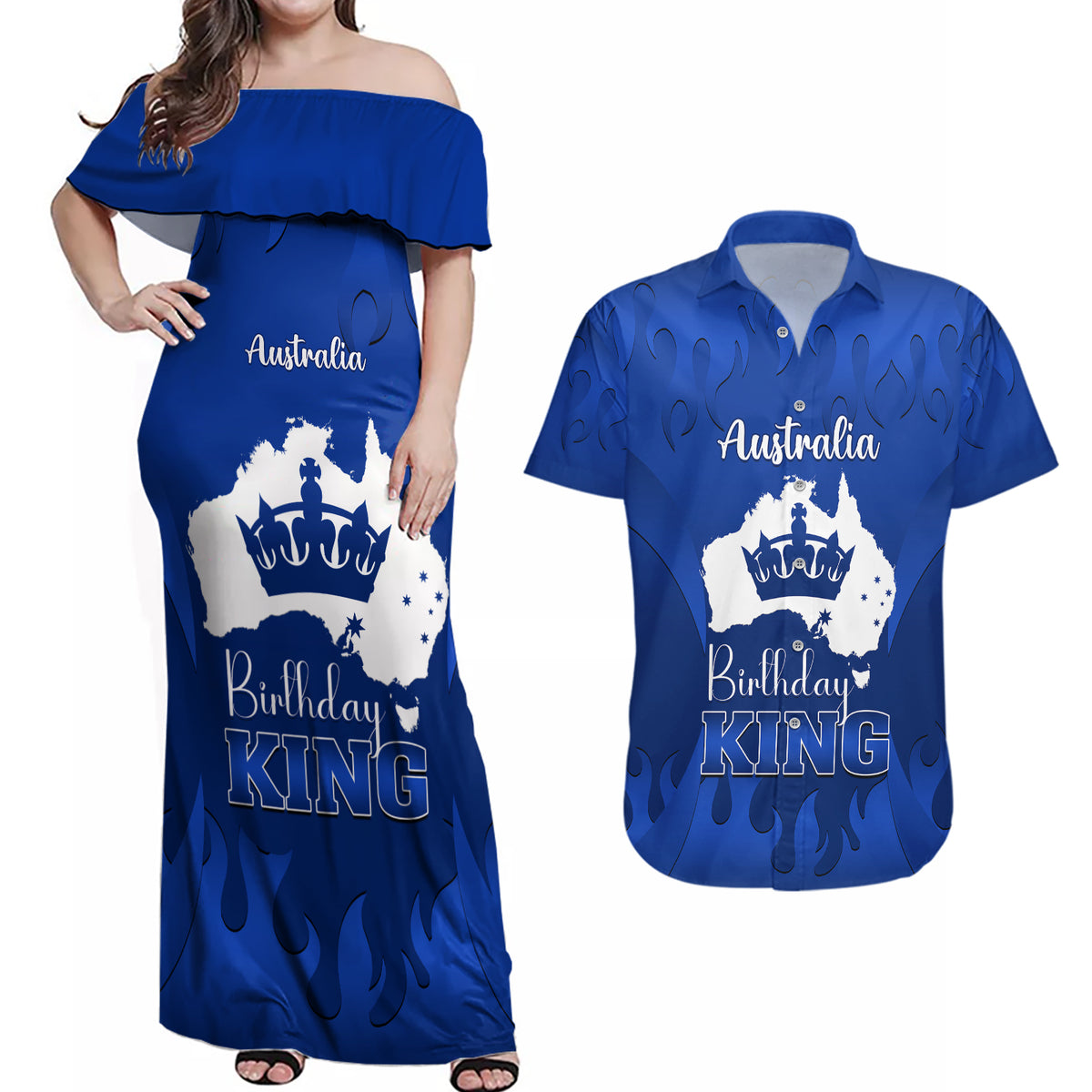 personalised-australia-king-birthday-couples-matching-off-shoulder-maxi-dress-and-hawaiian-shirt-australian-map-with-crown-blue-version