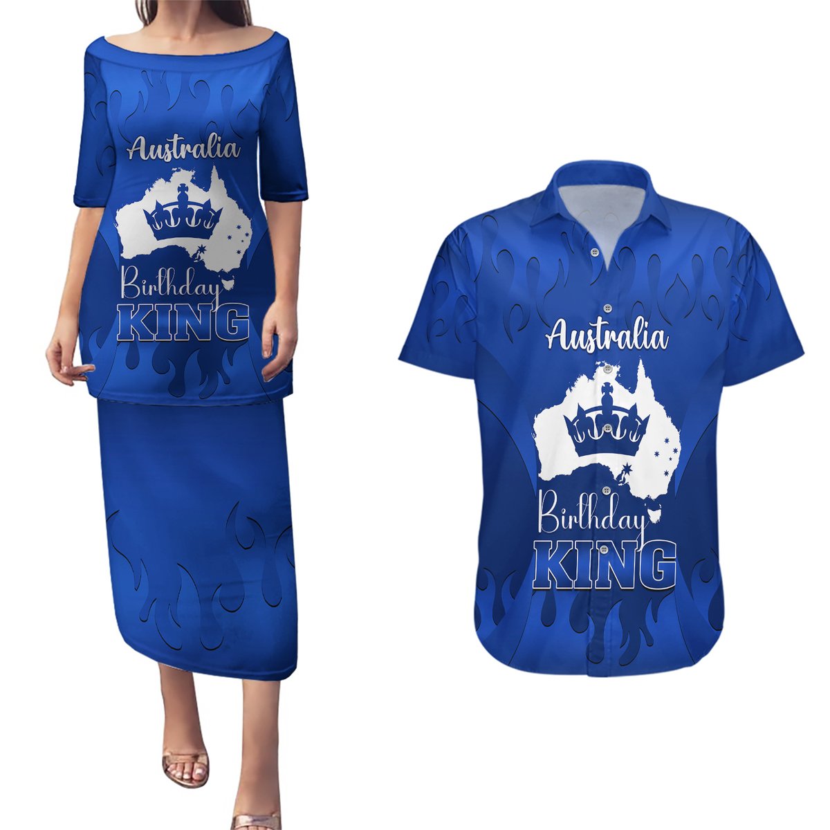 personalised-australia-king-birthday-couples-matching-puletasi-dress-and-hawaiian-shirt-australian-map-with-crown-blue-version