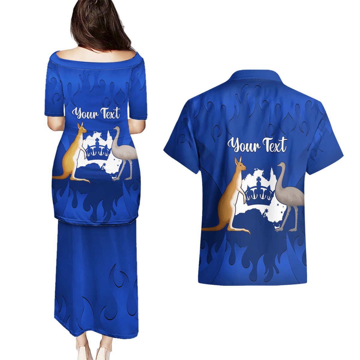 personalised-australia-king-birthday-couples-matching-puletasi-dress-and-hawaiian-shirt-australian-map-with-crown-blue-version