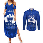 personalised-australia-king-birthday-couples-matching-summer-maxi-dress-and-long-sleeve-button-shirts-australian-map-with-crown-blue-version