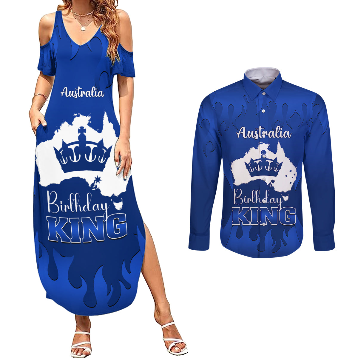 personalised-australia-king-birthday-couples-matching-summer-maxi-dress-and-long-sleeve-button-shirts-australian-map-with-crown-blue-version