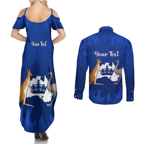 personalised-australia-king-birthday-couples-matching-summer-maxi-dress-and-long-sleeve-button-shirts-australian-map-with-crown-blue-version