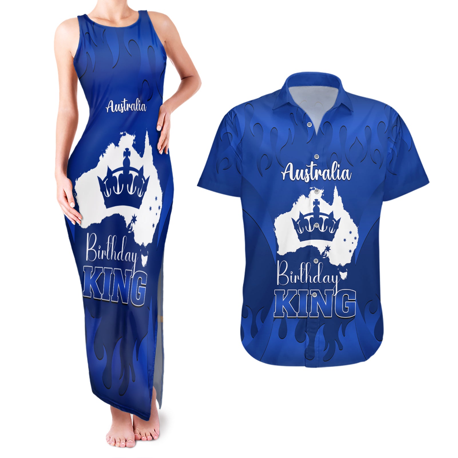 personalised-australia-king-birthday-couples-matching-tank-maxi-dress-and-hawaiian-shirt-australian-map-with-crown-blue-version