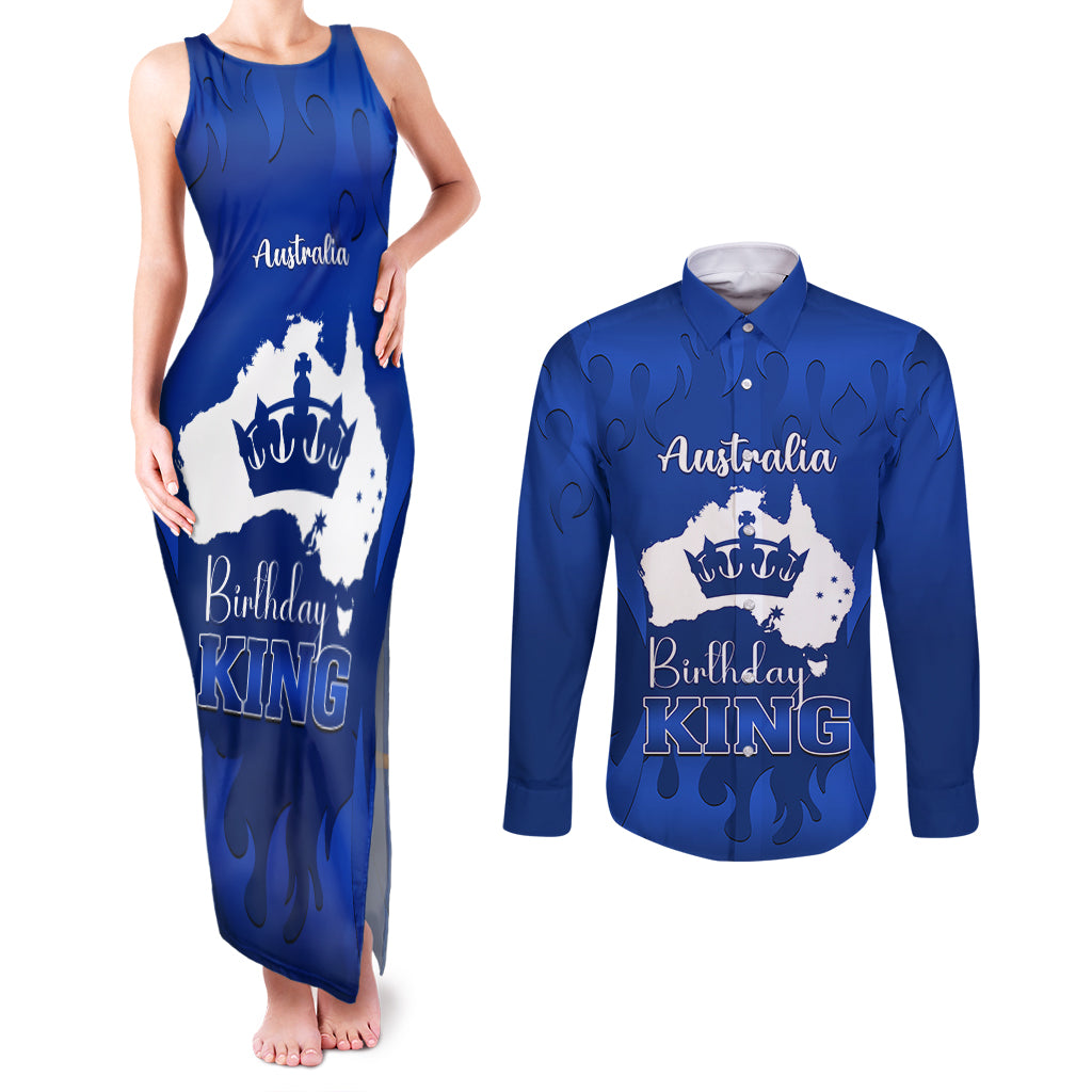personalised-australia-king-birthday-couples-matching-tank-maxi-dress-and-long-sleeve-button-shirts-australian-map-with-crown-blue-version