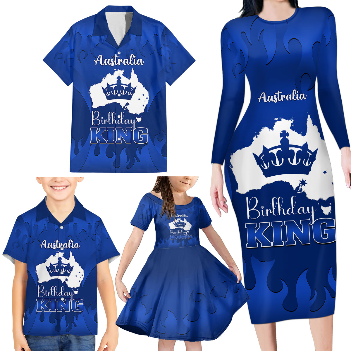 personalised-australia-king-birthday-family-matching-long-sleeve-bodycon-dress-and-hawaiian-shirt-australian-map-with-crown-blue-version