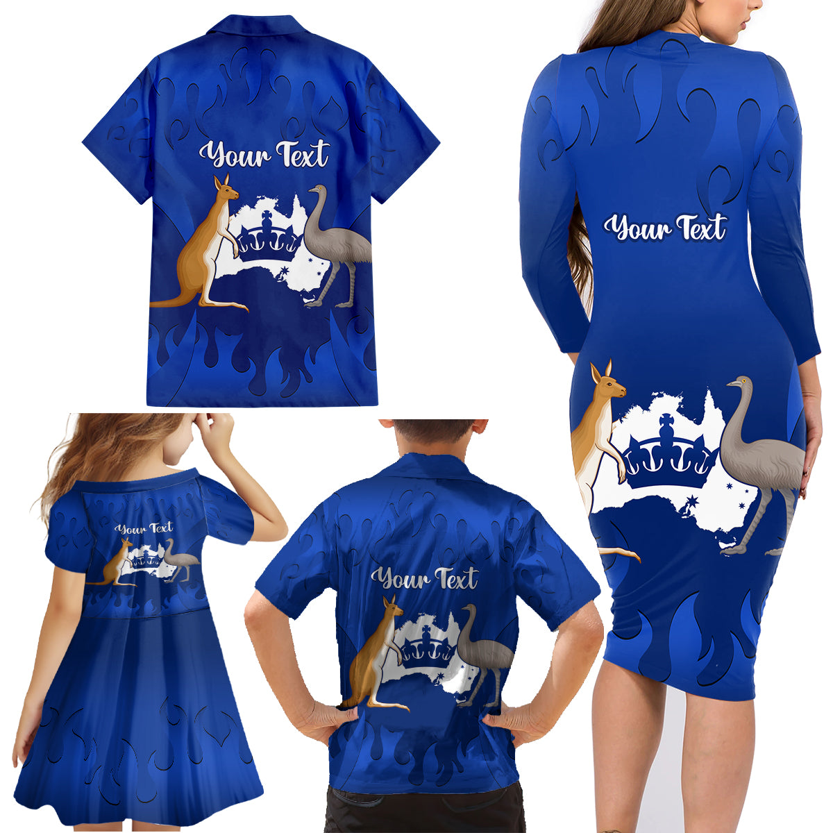 personalised-australia-king-birthday-family-matching-long-sleeve-bodycon-dress-and-hawaiian-shirt-australian-map-with-crown-blue-version