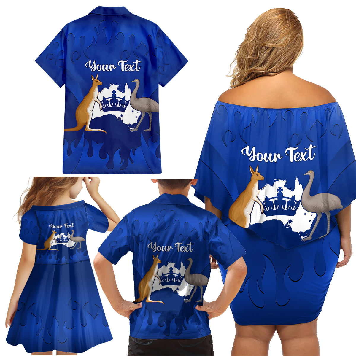 personalised-australia-king-birthday-family-matching-off-shoulder-short-dress-and-hawaiian-shirt-australian-map-with-crown-blue-version
