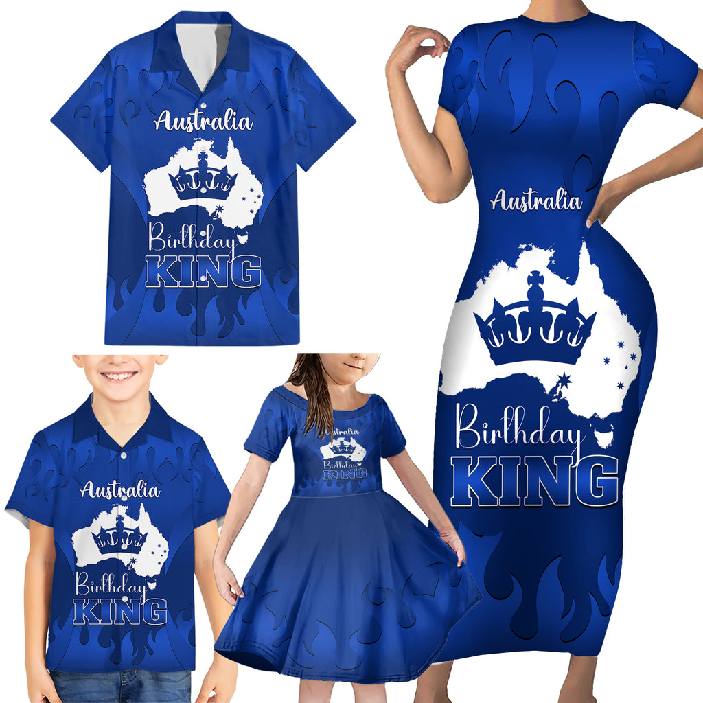 personalised-australia-king-birthday-family-matching-short-sleeve-bodycon-dress-and-hawaiian-shirt-australian-map-with-crown-blue-version