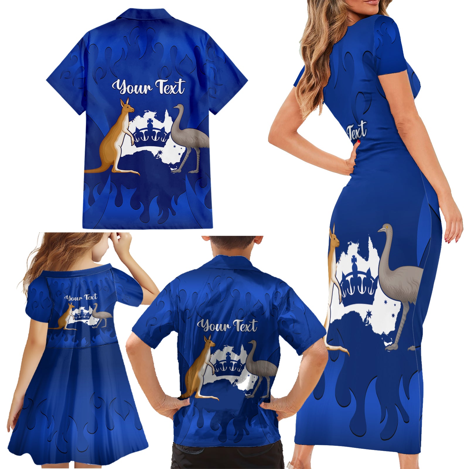 personalised-australia-king-birthday-family-matching-short-sleeve-bodycon-dress-and-hawaiian-shirt-australian-map-with-crown-blue-version