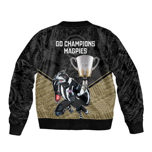 collingwood-football-bomber-jacket-magpies-go-champions-2023-polynesian-indigenous-art