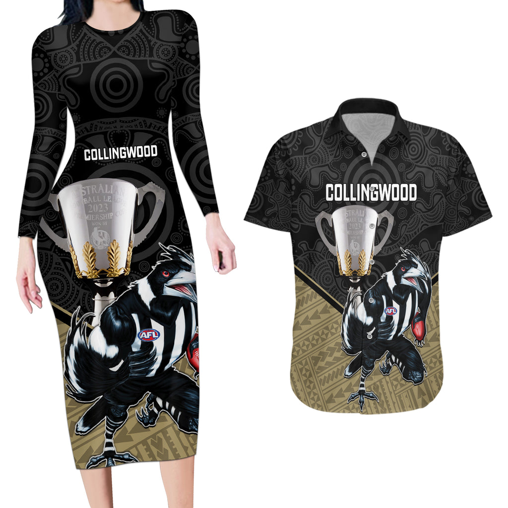 collingwood-football-couples-matching-long-sleeve-bodycon-dress-and-hawaiian-shirt-magpies-go-champions-2023-polynesian-indigenous-art