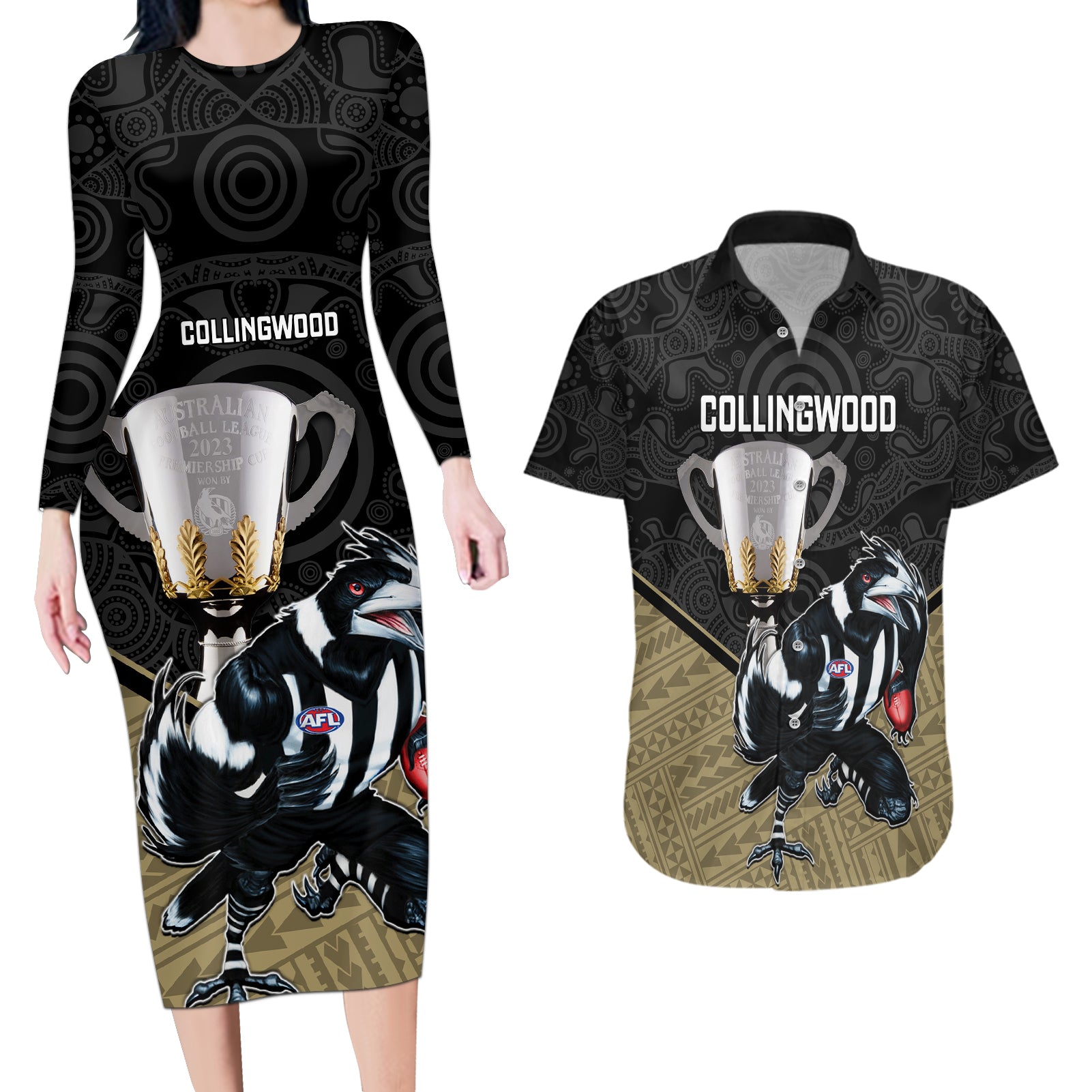 collingwood-football-couples-matching-long-sleeve-bodycon-dress-and-hawaiian-shirt-magpies-go-champions-2023-polynesian-indigenous-art