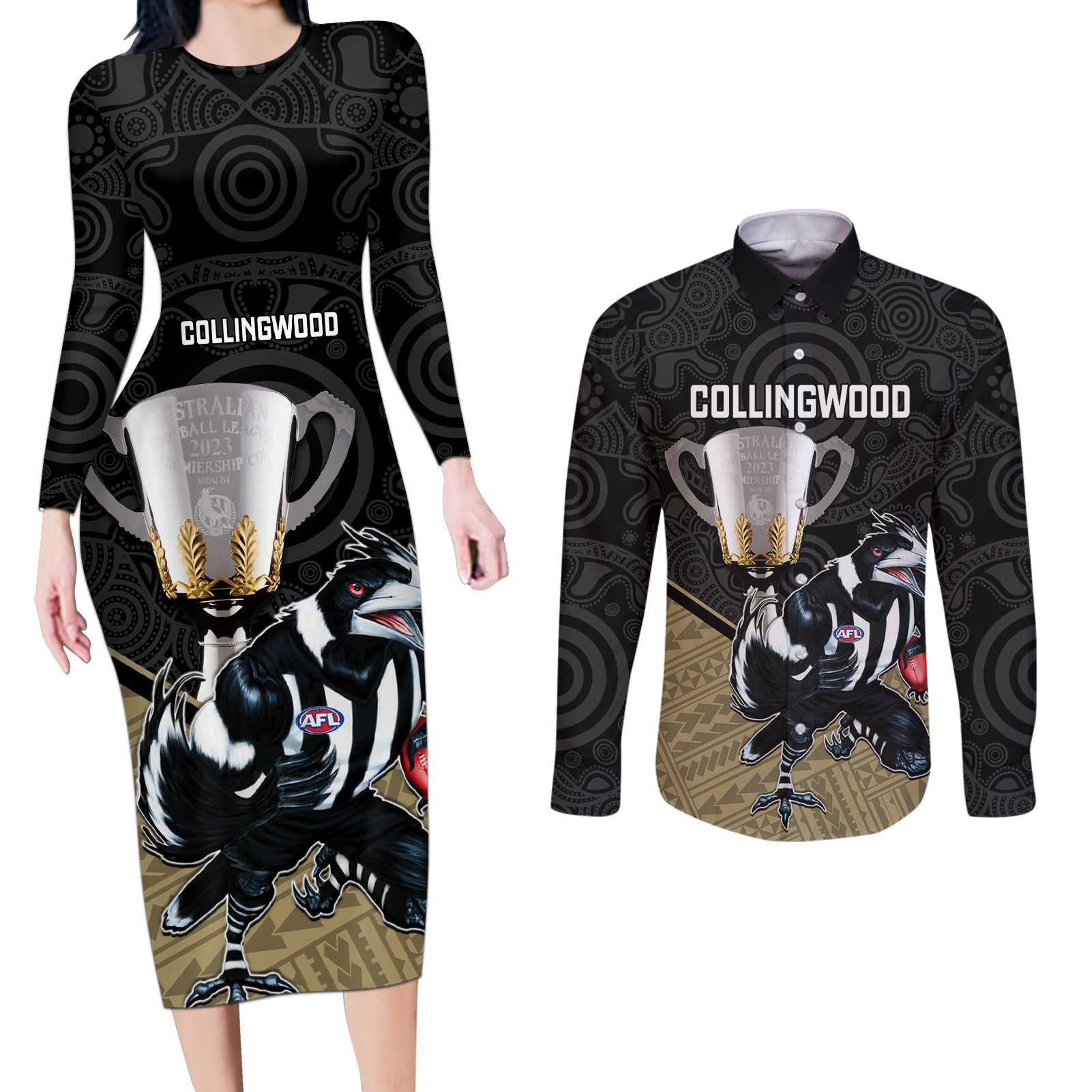 collingwood-football-couples-matching-long-sleeve-bodycon-dress-and-long-sleeve-button-shirts-magpies-go-champions-2023-polynesian-indigenous-art