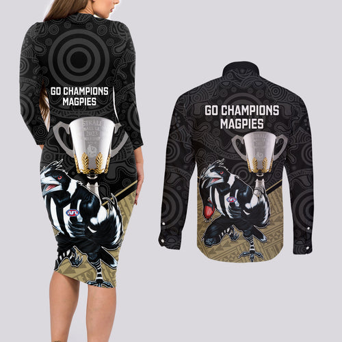 collingwood-football-couples-matching-long-sleeve-bodycon-dress-and-long-sleeve-button-shirts-magpies-go-champions-2023-polynesian-indigenous-art