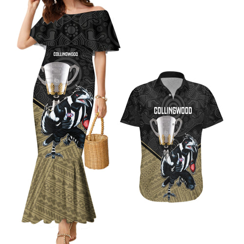 collingwood-football-couples-matching-mermaid-dress-and-hawaiian-shirt-magpies-go-champions-2023-polynesian-indigenous-art