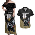 collingwood-football-couples-matching-off-shoulder-maxi-dress-and-hawaiian-shirt-magpies-go-champions-2023-polynesian-indigenous-art