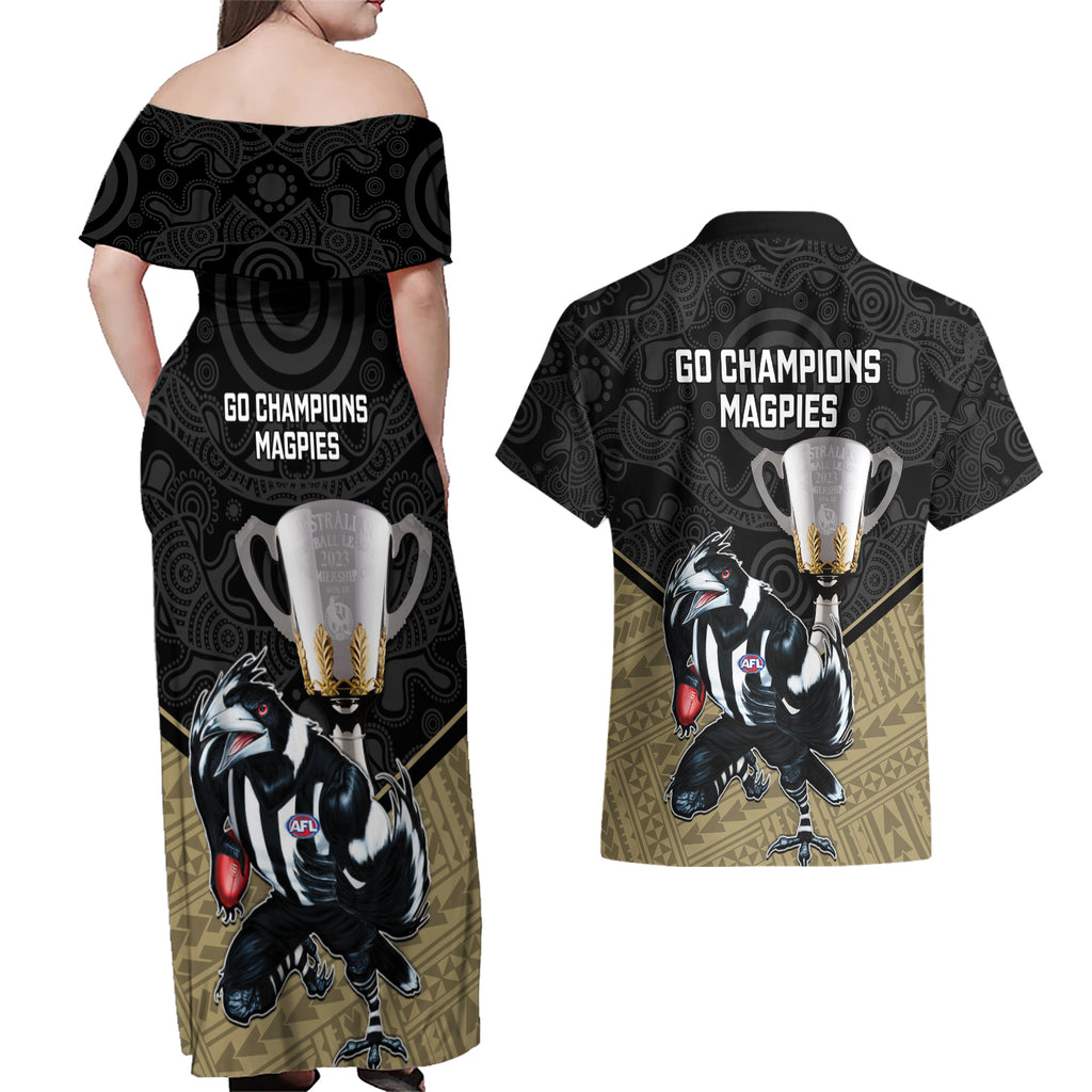 collingwood-football-couples-matching-off-shoulder-maxi-dress-and-hawaiian-shirt-magpies-go-champions-2023-polynesian-indigenous-art