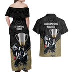 collingwood-football-couples-matching-off-shoulder-maxi-dress-and-hawaiian-shirt-magpies-go-champions-2023-polynesian-indigenous-art