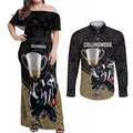 collingwood-football-couples-matching-off-shoulder-maxi-dress-and-long-sleeve-button-shirts-magpies-go-champions-2023-polynesian-indigenous-art