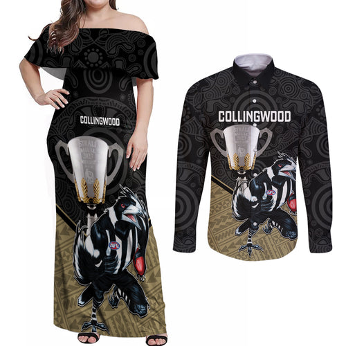 collingwood-football-couples-matching-off-shoulder-maxi-dress-and-long-sleeve-button-shirts-magpies-go-champions-2023-polynesian-indigenous-art
