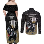 collingwood-football-couples-matching-off-shoulder-maxi-dress-and-long-sleeve-button-shirts-magpies-go-champions-2023-polynesian-indigenous-art
