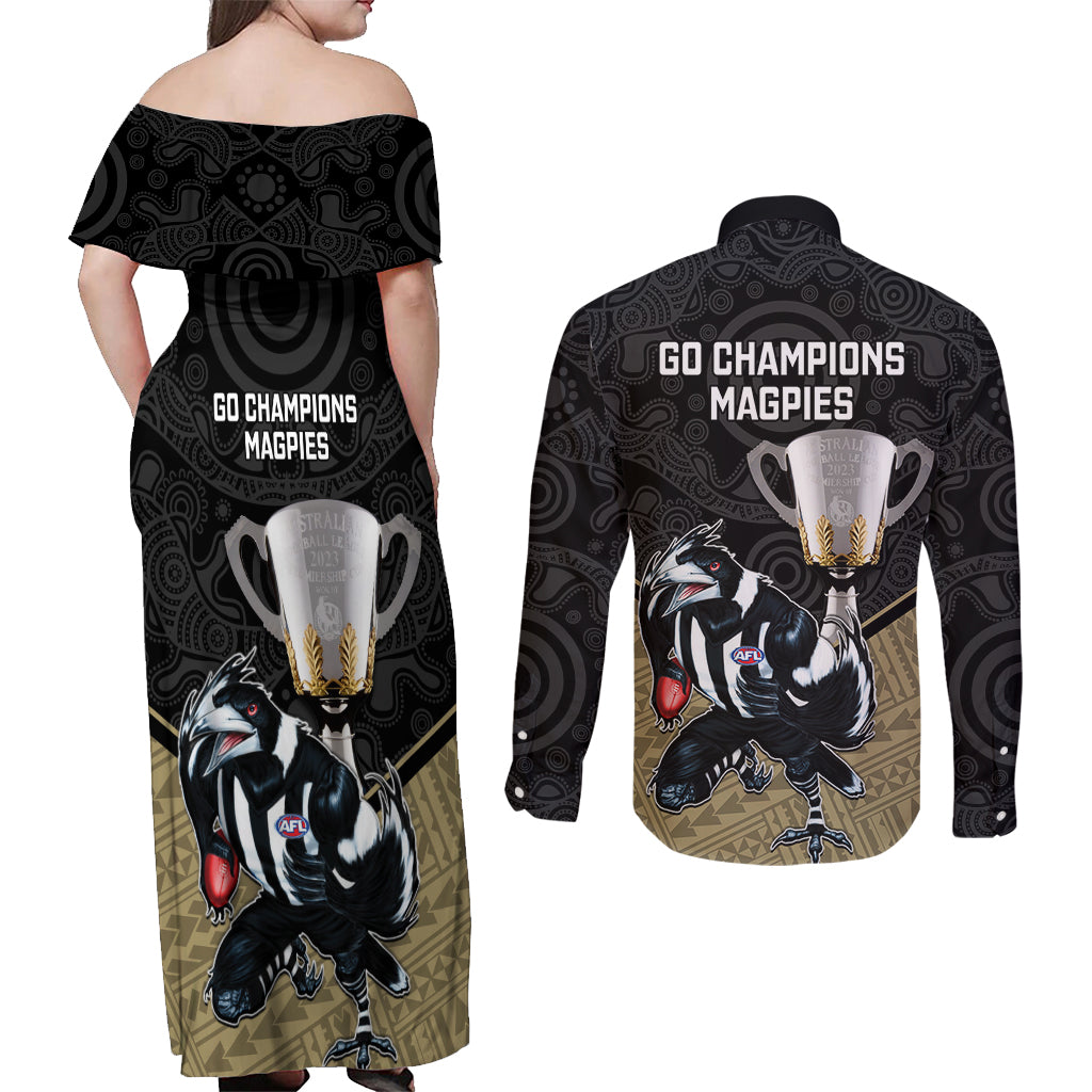 collingwood-football-couples-matching-off-shoulder-maxi-dress-and-long-sleeve-button-shirts-magpies-go-champions-2023-polynesian-indigenous-art