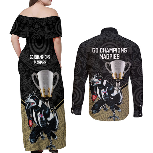 collingwood-football-couples-matching-off-shoulder-maxi-dress-and-long-sleeve-button-shirts-magpies-go-champions-2023-polynesian-indigenous-art