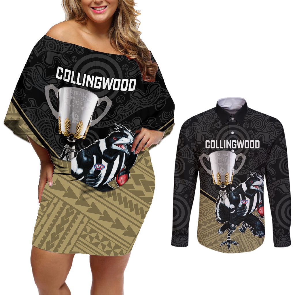 collingwood-football-couples-matching-off-shoulder-short-dress-and-long-sleeve-button-shirts-magpies-go-champions-2023-polynesian-indigenous-art
