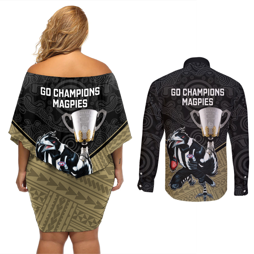 collingwood-football-couples-matching-off-shoulder-short-dress-and-long-sleeve-button-shirts-magpies-go-champions-2023-polynesian-indigenous-art