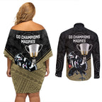 collingwood-football-couples-matching-off-shoulder-short-dress-and-long-sleeve-button-shirts-magpies-go-champions-2023-polynesian-indigenous-art