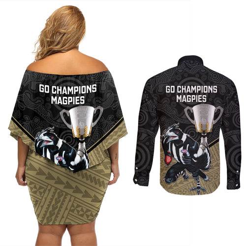 collingwood-football-couples-matching-off-shoulder-short-dress-and-long-sleeve-button-shirts-magpies-go-champions-2023-polynesian-indigenous-art