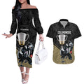 collingwood-football-couples-matching-off-the-shoulder-long-sleeve-dress-and-hawaiian-shirt-magpies-go-champions-2023-polynesian-indigenous-art