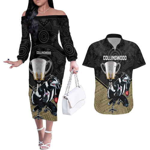 collingwood-football-couples-matching-off-the-shoulder-long-sleeve-dress-and-hawaiian-shirt-magpies-go-champions-2023-polynesian-indigenous-art