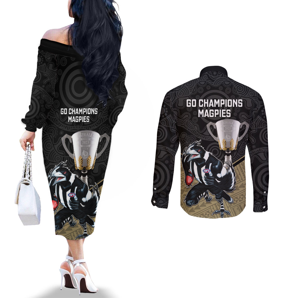 collingwood-football-couples-matching-off-the-shoulder-long-sleeve-dress-and-long-sleeve-button-shirts-magpies-go-champions-2023-polynesian-indigenous-art