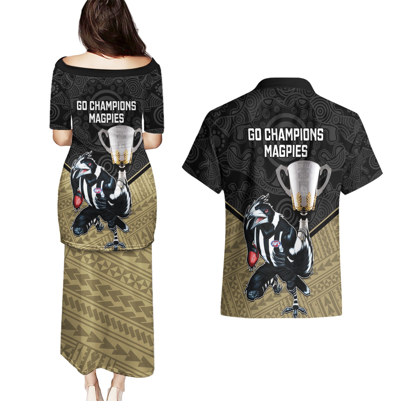 collingwood-football-couples-matching-puletasi-dress-and-hawaiian-shirt-magpies-go-champions-2023-polynesian-indigenous-art