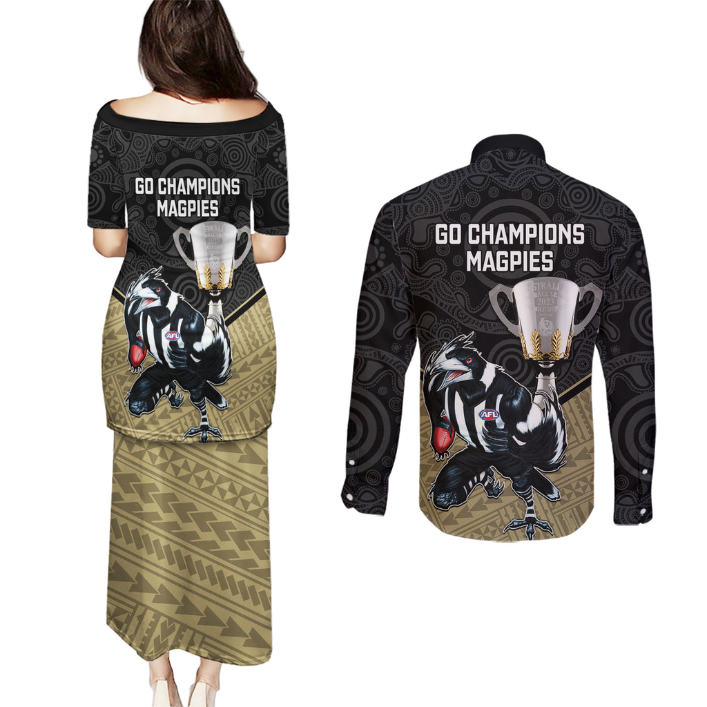 collingwood-football-couples-matching-puletasi-dress-and-long-sleeve-button-shirts-magpies-go-champions-2023-polynesian-indigenous-art