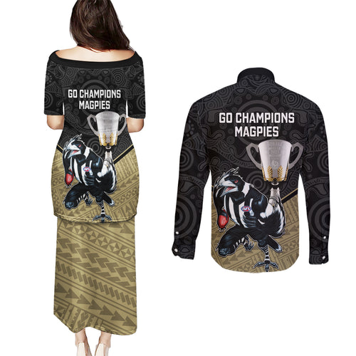 collingwood-football-couples-matching-puletasi-dress-and-long-sleeve-button-shirts-magpies-go-champions-2023-polynesian-indigenous-art