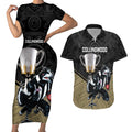 collingwood-football-couples-matching-short-sleeve-bodycon-dress-and-hawaiian-shirt-magpies-go-champions-2023-polynesian-indigenous-art