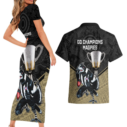 collingwood-football-couples-matching-short-sleeve-bodycon-dress-and-hawaiian-shirt-magpies-go-champions-2023-polynesian-indigenous-art