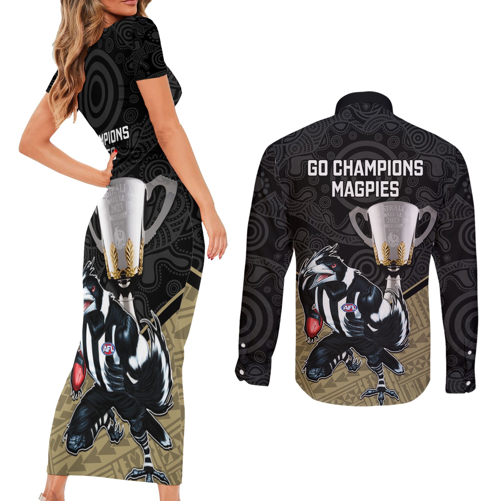collingwood-football-couples-matching-short-sleeve-bodycon-dress-and-long-sleeve-button-shirts-magpies-go-champions-2023-polynesian-indigenous-art