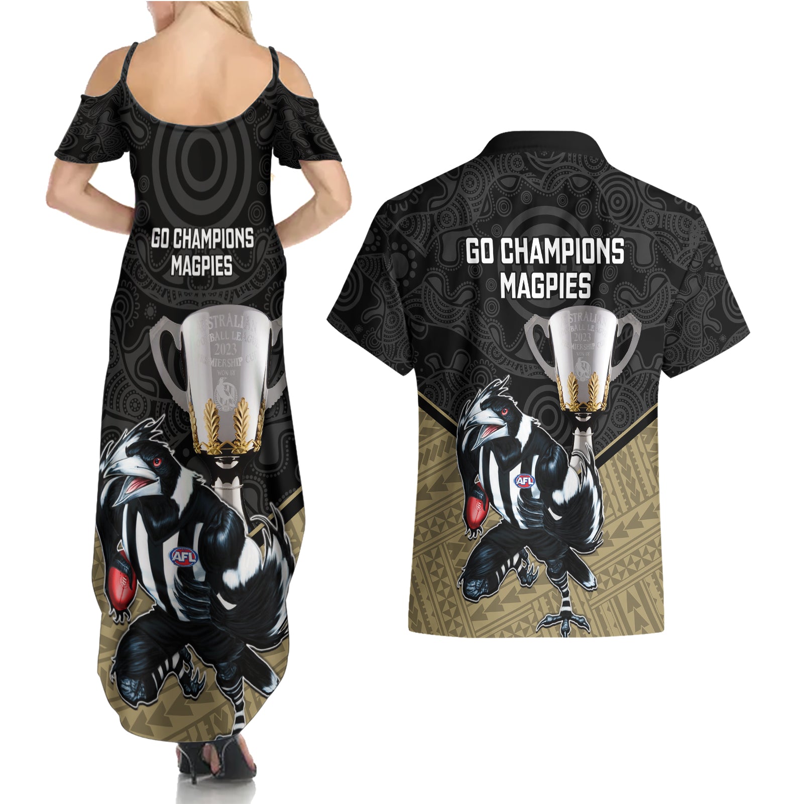 collingwood-football-couples-matching-summer-maxi-dress-and-hawaiian-shirt-magpies-go-champions-2023-polynesian-indigenous-art