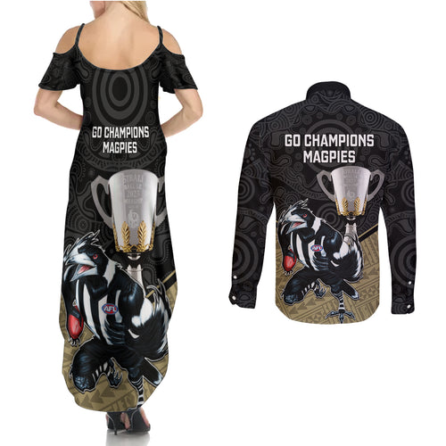collingwood-football-couples-matching-summer-maxi-dress-and-long-sleeve-button-shirts-magpies-go-champions-2023-polynesian-indigenous-art