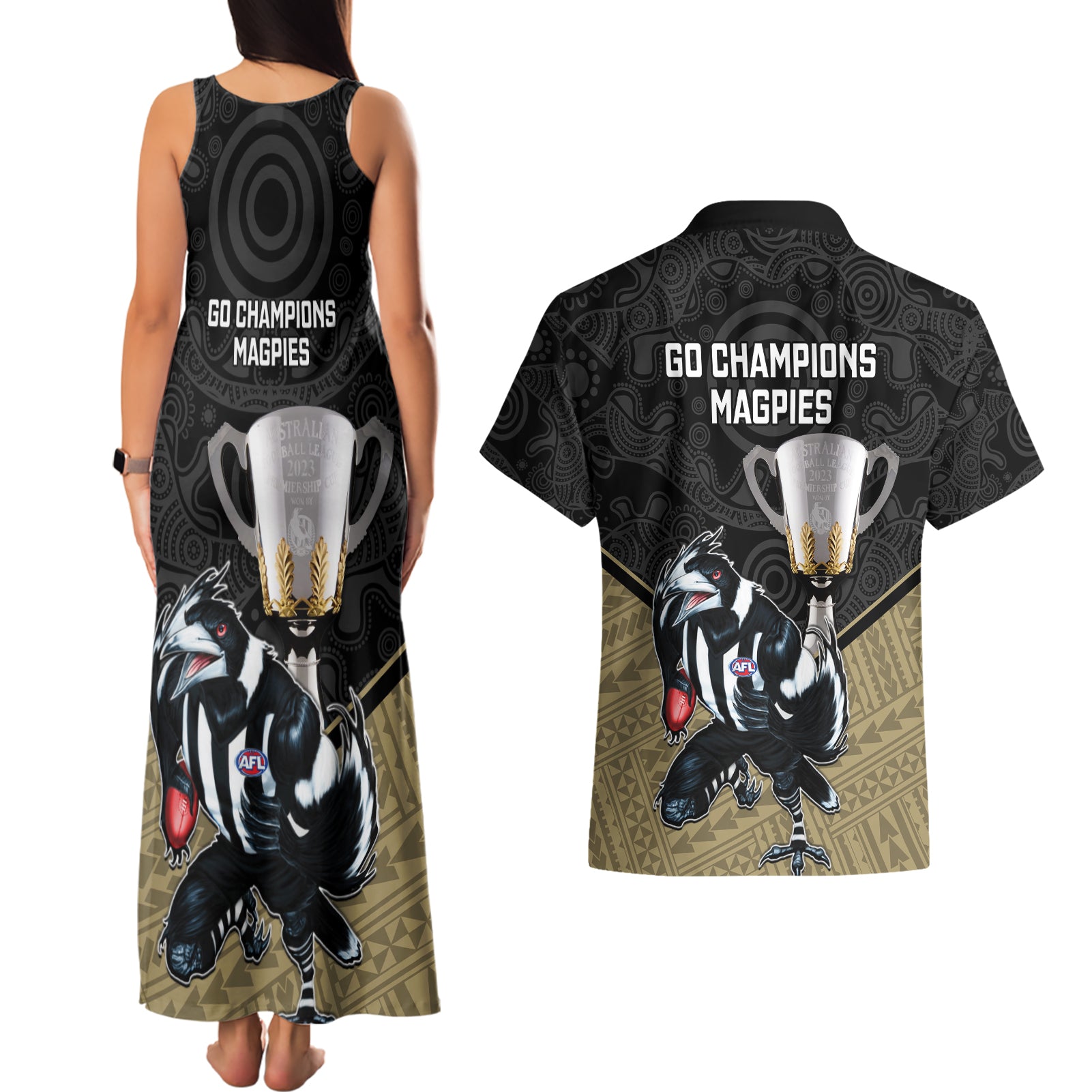 collingwood-football-couples-matching-tank-maxi-dress-and-hawaiian-shirt-magpies-go-champions-2023-polynesian-indigenous-art