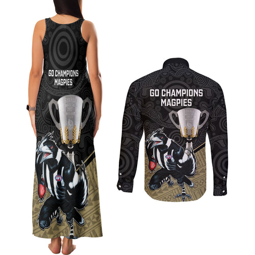 collingwood-football-couples-matching-tank-maxi-dress-and-long-sleeve-button-shirts-magpies-go-champions-2023-polynesian-indigenous-art