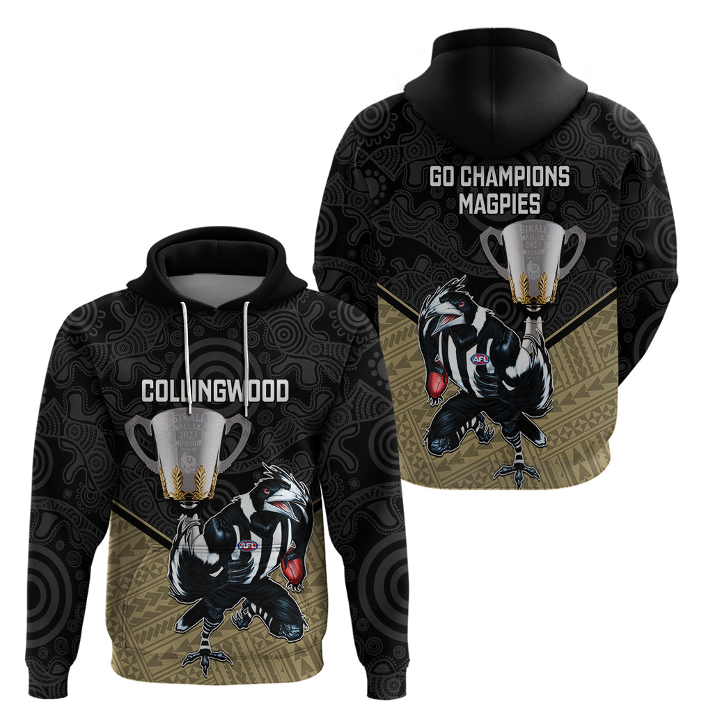 collingwood-football-hoodie-magpies-go-champions-2023-polynesian-indigenous-art