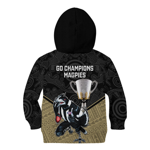 collingwood-football-kid-hoodie-magpies-go-champions-2023-polynesian-indigenous-art