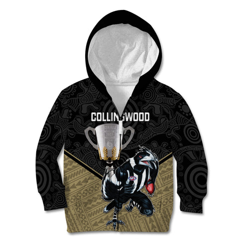 collingwood-football-kid-hoodie-magpies-go-champions-2023-polynesian-indigenous-art
