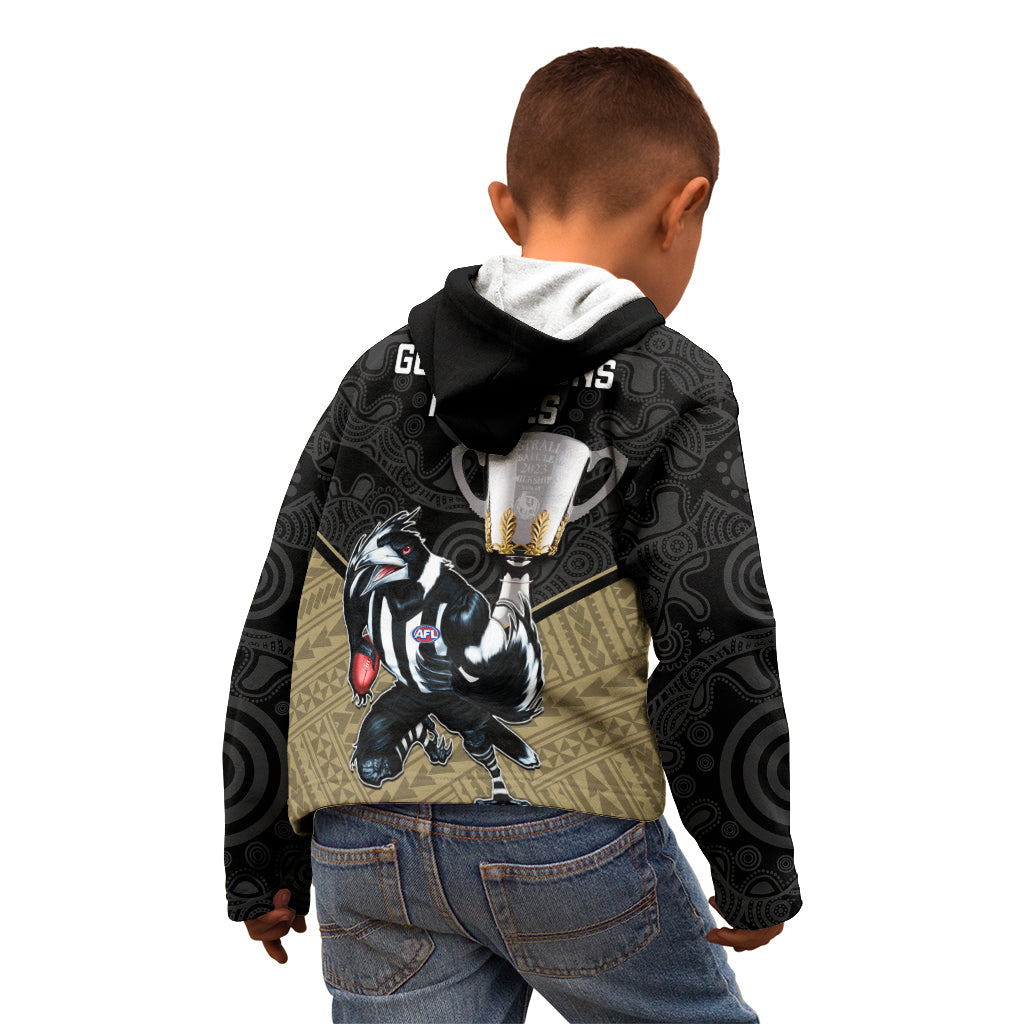 collingwood-football-kid-hoodie-magpies-go-champions-2023-polynesian-indigenous-art