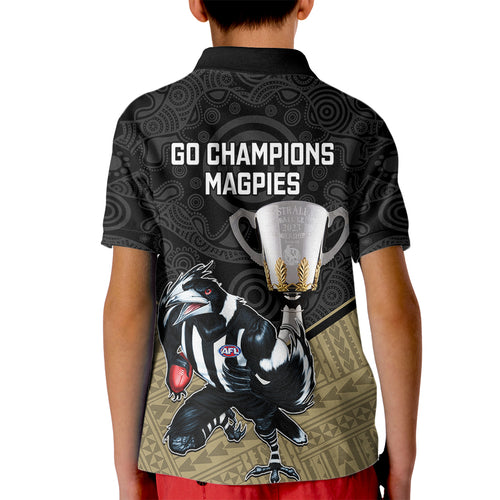 collingwood-football-kid-polo-shirt-magpies-go-champions-2023-polynesian-indigenous-art
